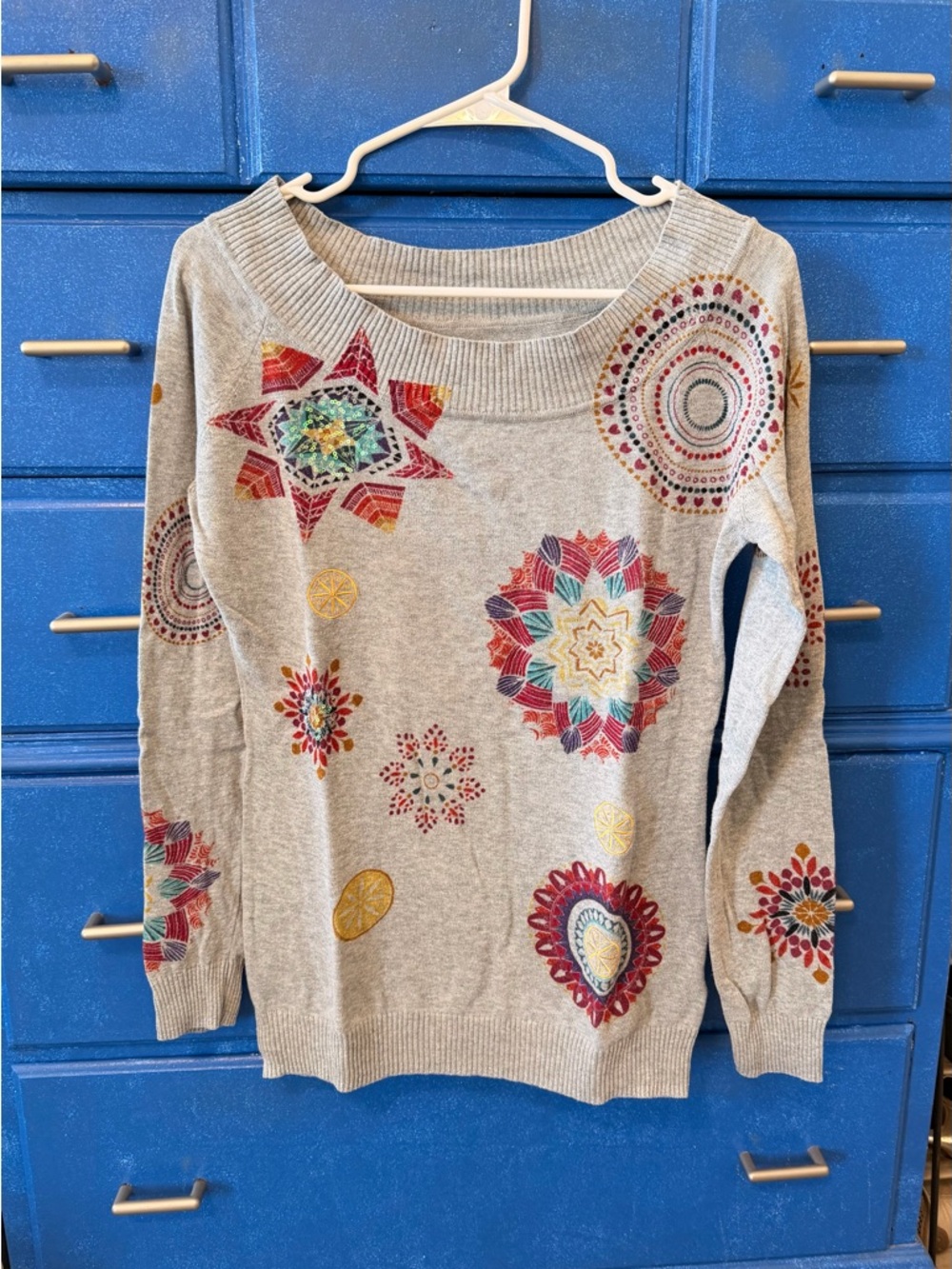 Desigual gray Crewneck Sweater with Multicolor Mandala Motifs
